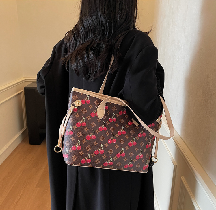 Free shipping 2026 fashion new design cherry print tote bag versatile commuting large capacity shoulder bag beige coffee