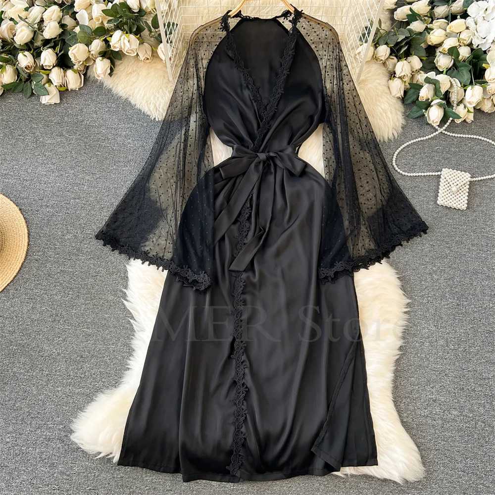 Sexy Embroider Edge Lady Kimono Bathrobe Dress Gown Mesh Sleeve Wedding Long Robe Sleepwear Loose Silk Satin Nightwear Lingerie C251216