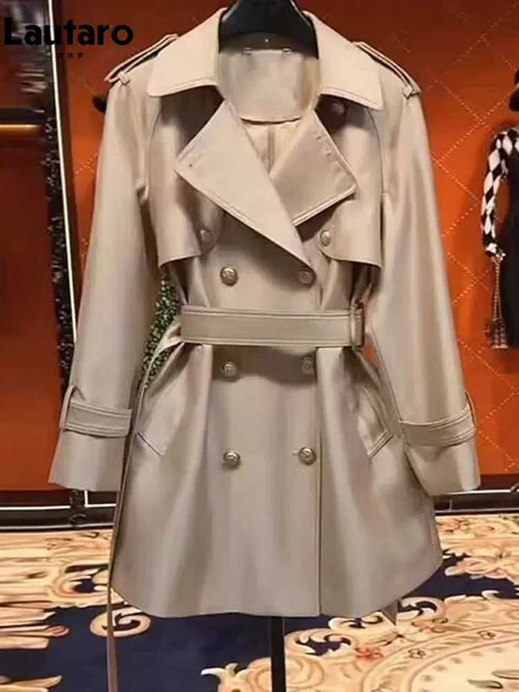 Lautaro Spring Autumn Khaki Satin Trench Coat for Women Belt Double Breasted Elegant High Quality Luxury Designer Clothing 2024T251216