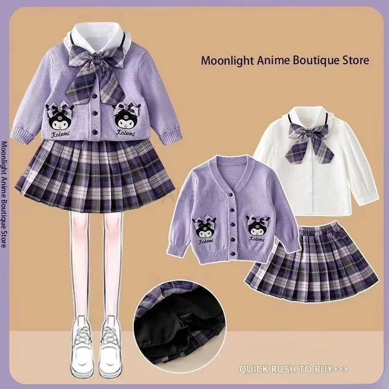 Sanrio 3Pcs Y2K Kuromi Hello Kitty Girls Clothing Cardigan Jk Plaid Skirt Highquality Shirt Sweater Springautumn Teen College Set H251216