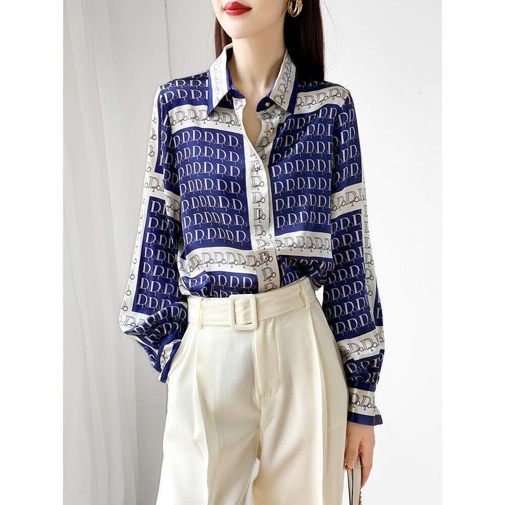 Spring Autumn Bowknot Women's Shirts Luxury Letter Allover Printed Long Sleeve Single Breasted Loose Fit Casual Ladies Blouses