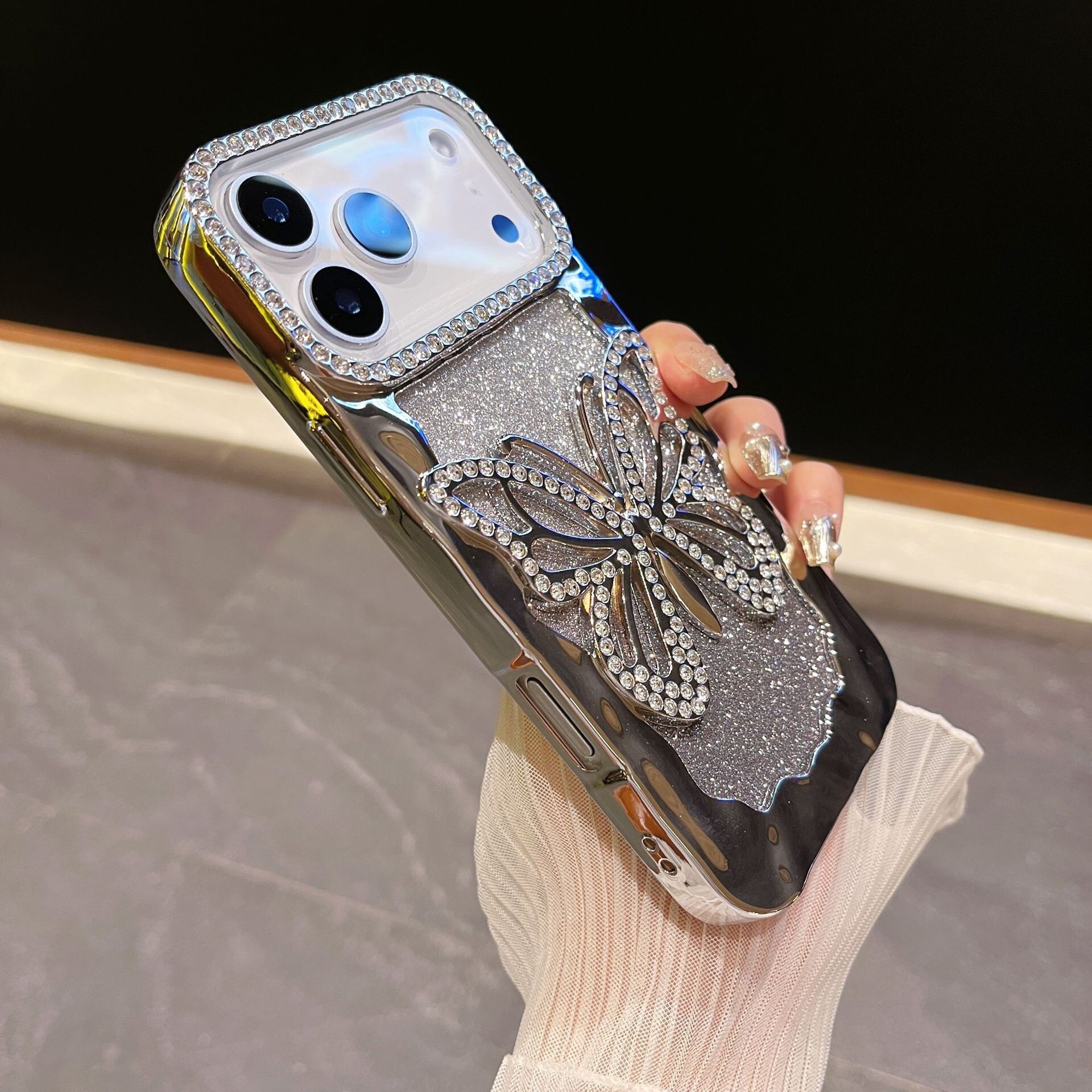 New Electroplated Hollow Butterfly Case iPhone 17 Pro Max, Apple 16, 15 Glitter Rhinestone 14 for Women
