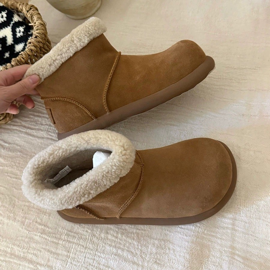 Hot Sale Retro Round Toe Ankle Boots for Women, Plush Lined Low Top Snow Boots Chunky Sole Winter Fuzzy Warm Shoes