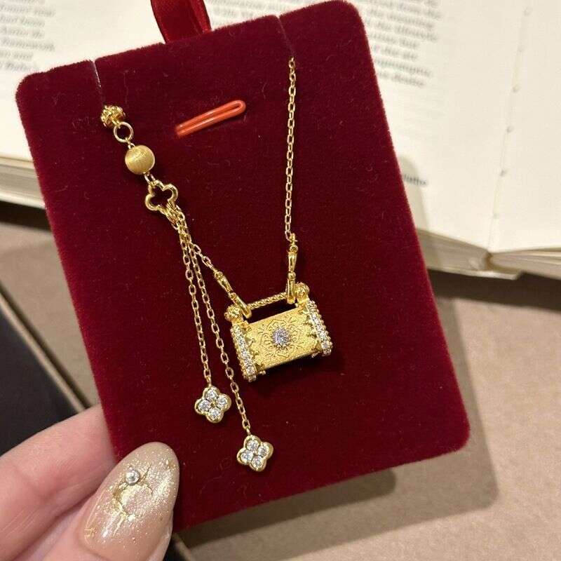 Brushed Four-Leaf Flower Lock Bag Necklace 2025 New Retro Full Diamond DIY Tassel Collarbone Chain For Women