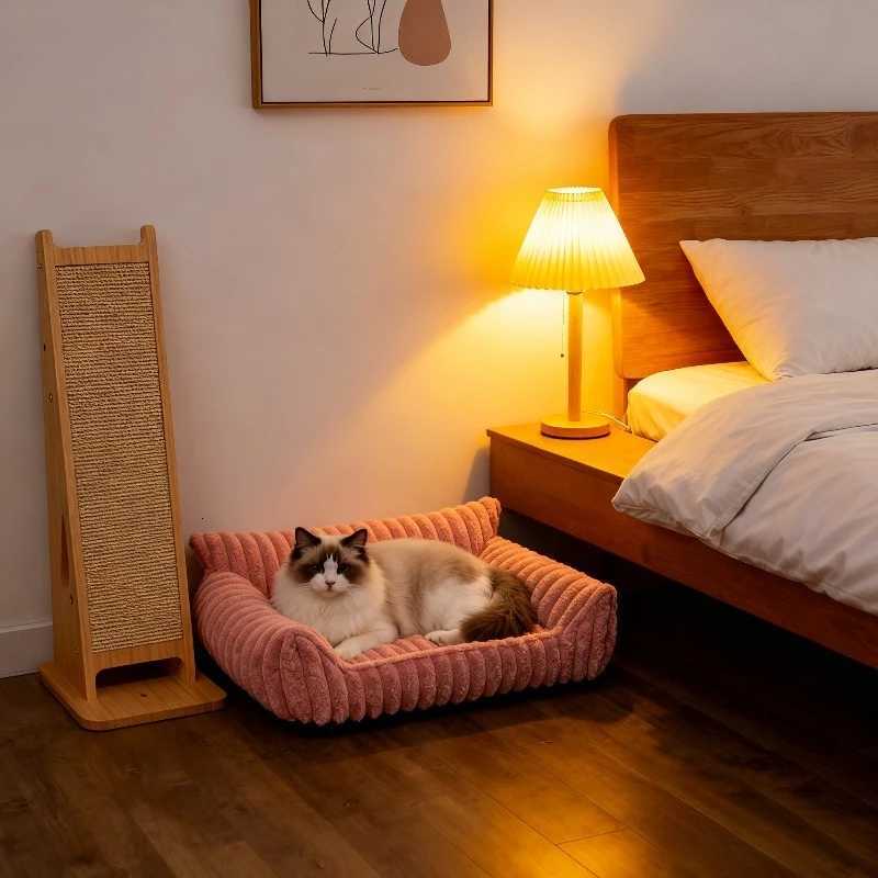 Soft Striped Pet Bed for Small Medium Dogs Cats Comfortable Plush Puppy Bed Winter Warm Cat Bed Sofa Removable Washable Cat Nest M251217
