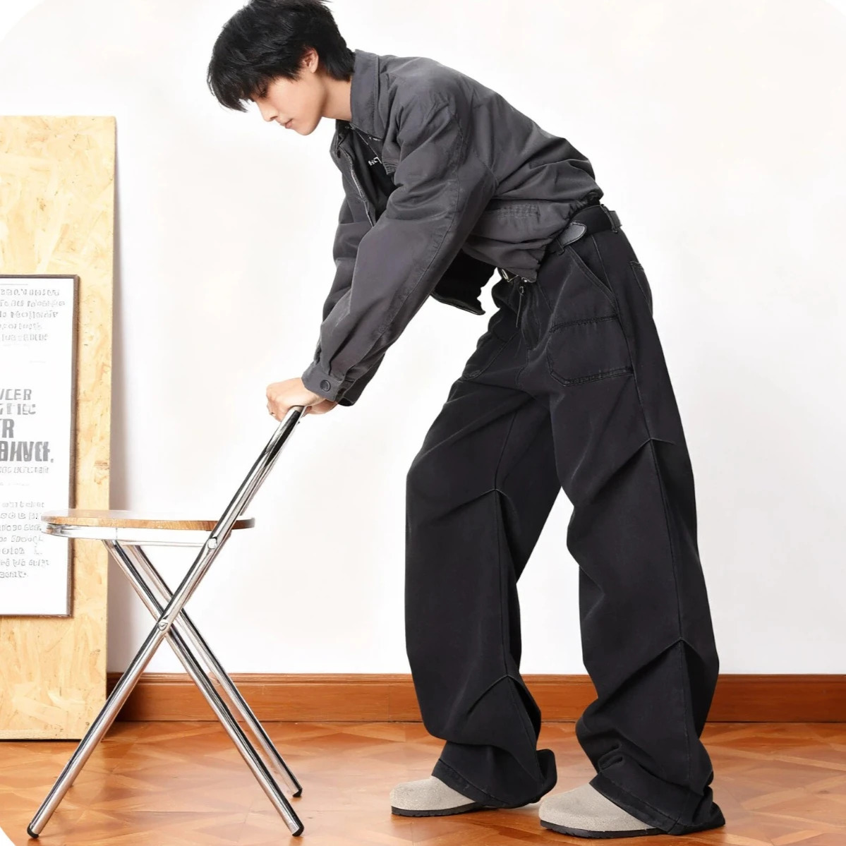 Folded Hem Wide Leg Jeans Mens Casual Washed Pants Deep Color Pocket Workwear Spring Autumn Thickened Cotton Denim Trousers 251205