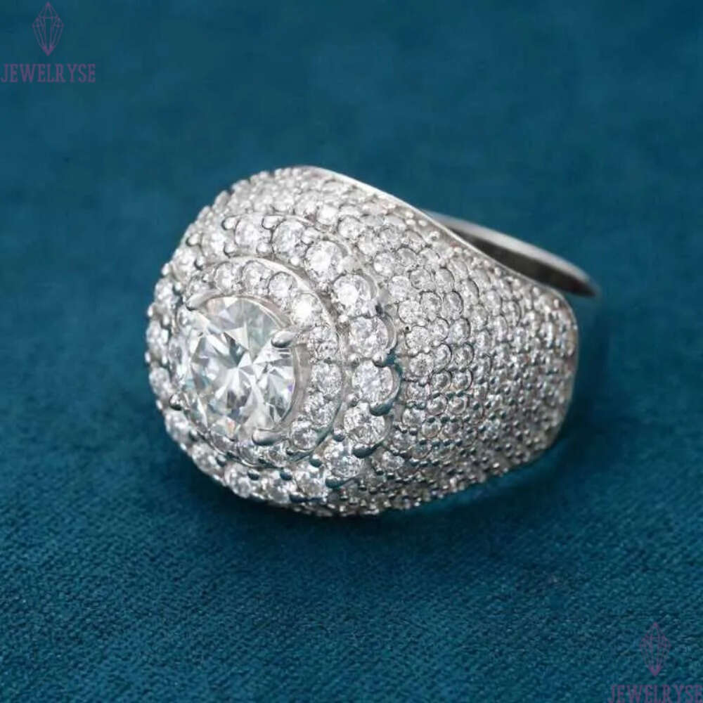Hip Hop VVS D Color Moissanite Bling Mens Cluster Double Halo Signet Ring With 925 Sterling Silver Pass Diamond Tester GRA A