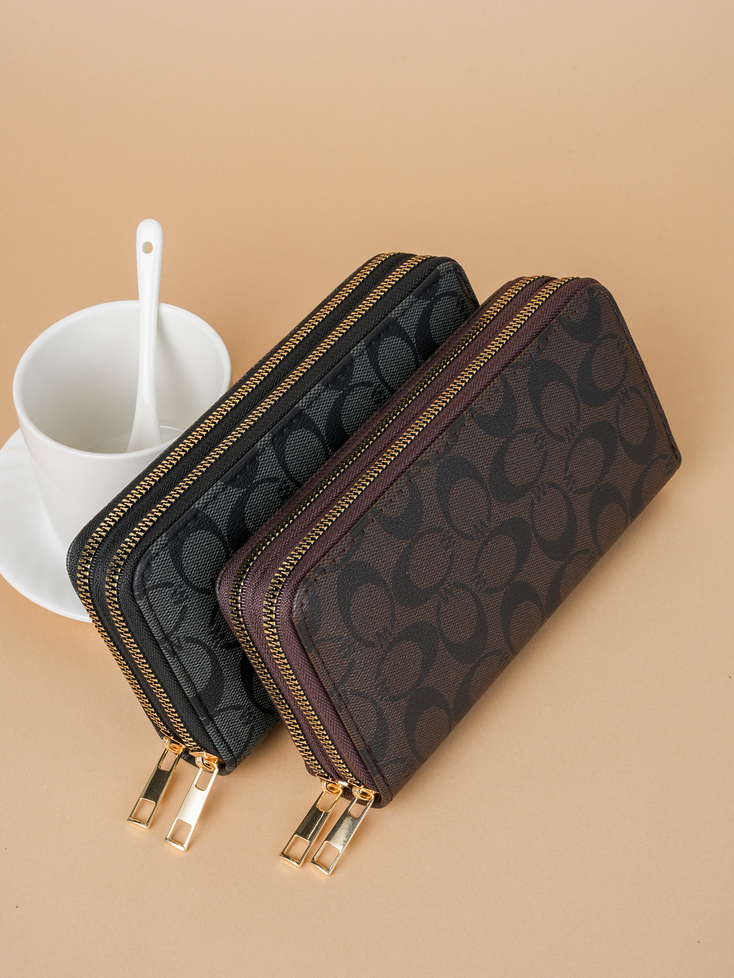 Ladies' printed wallet, multi-function long wallet, large-capacity double-zip wristlet handbag, wristlet phone multi-function wallet, men's 