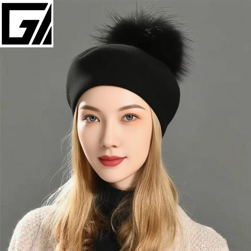 New Solid Color Pom Beret Wool Blend Fashion Comfortable Pullover Hat Double Layer Warm Simple Knitted Hat