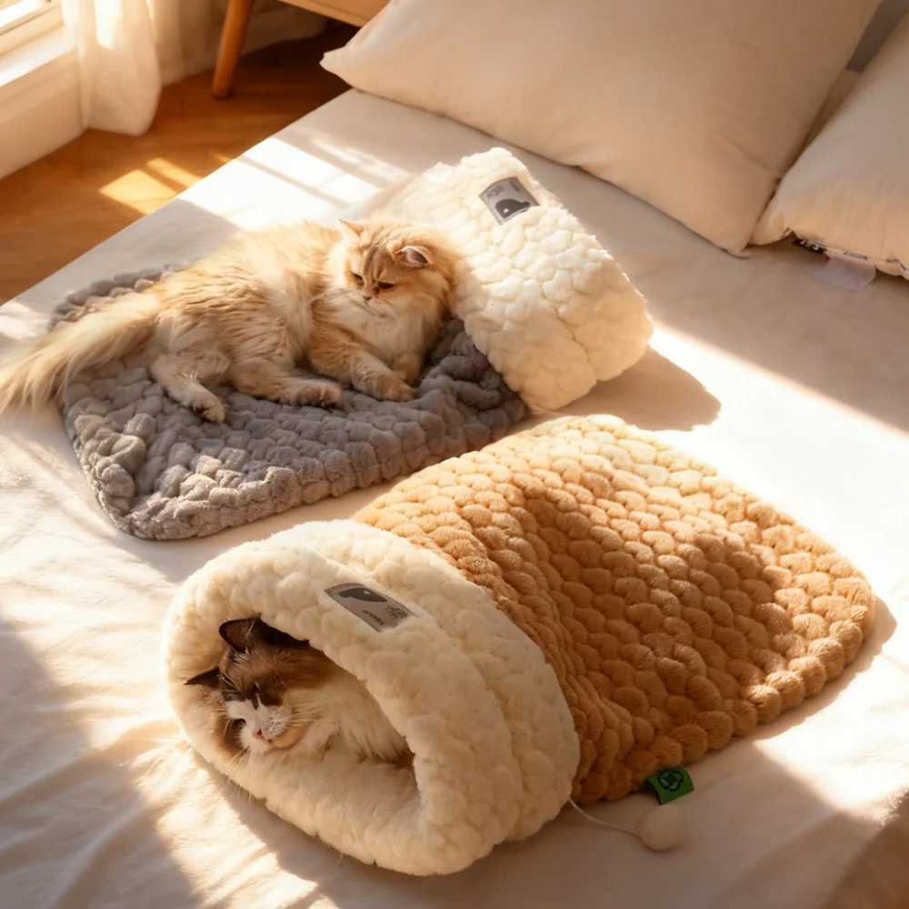 Upgraded Enclosed Cat Bed Winter Snuggle Sack with Burrow Entry Security Hood - Bunny-Soft Plush for Anxiety M251217
