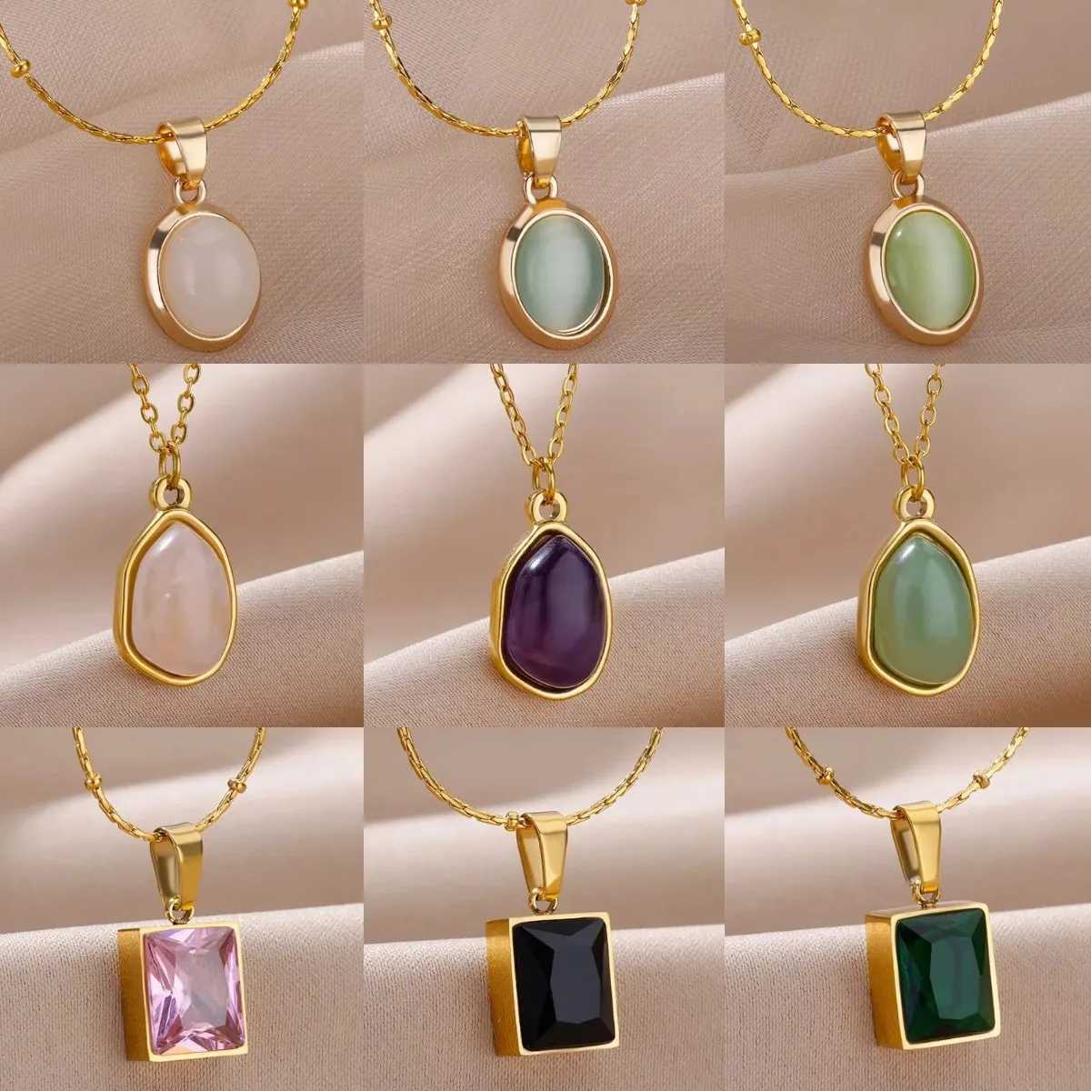 Trendy Oval Colorful Stone Necklace For Women Stainless Steel Gold Color Green Opal Stone Pendant Necklace Aesthetic Jewelry Gif G251217