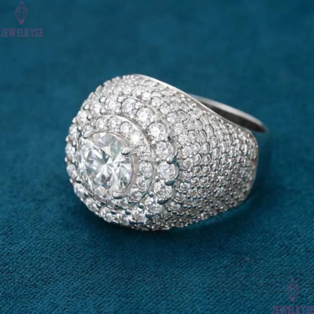 Hip Hop VVS D Color Moissanite Bling Mens Cluster Double Halo Signet Ring With 925 Sterling Silver Pass Diamond Tester GRA A