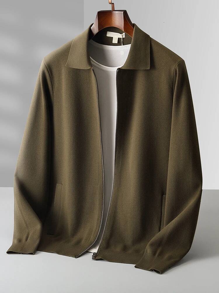 MEETCC Simple Men Polo Collar Zipper Cardigan 100% Merino Wool Smart Casual Sweater Coat Autumn Winter Thick Cashmere Knitwear