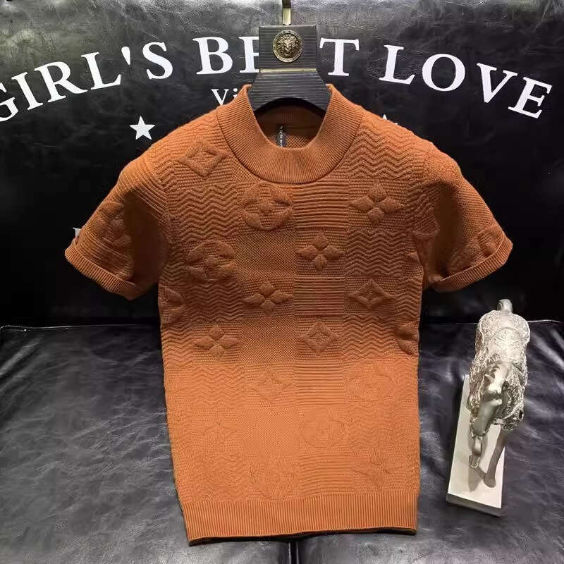 spring summer new jacquard round neck Light luxury knitted sweater t-shirt men's fashion simple jacquard half-sleeved sweater