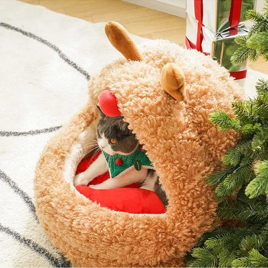 Enclosed Cat Bed Brown Christmas Mat Plush New Year Style Indoor Indestructible Hut Cute Nest Funny Katzenhaus Cats Accessories M251217