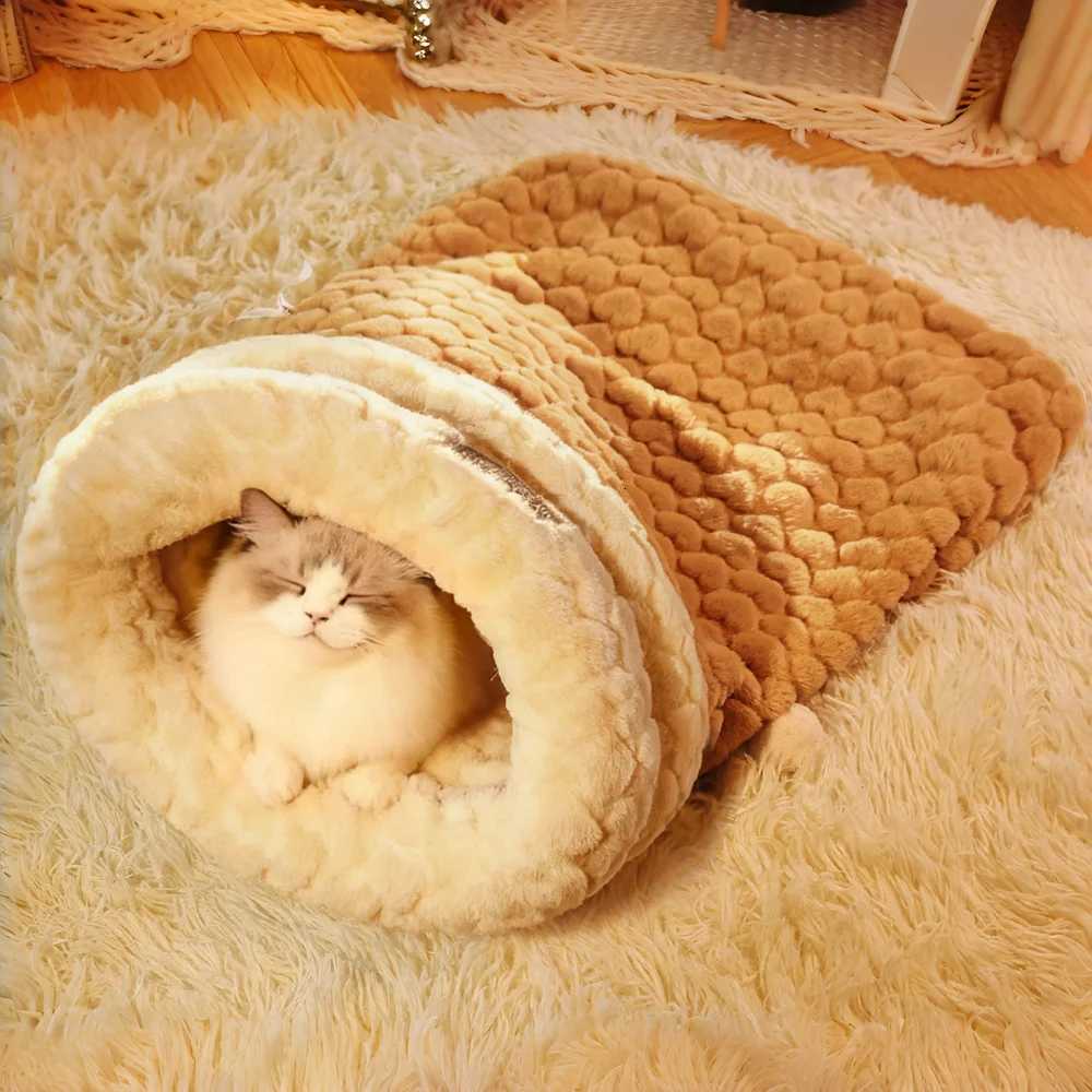 Upgraded Enclosed Cat Bed Winter Snuggle Sack with Burrow Entry Security Hood - Bunny-Soft Plush for Anxiety M251217