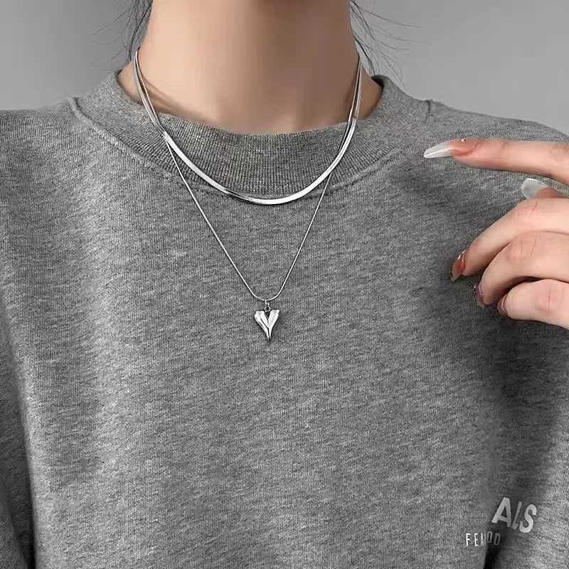LATS Double Layered Love Heart Pendant Necklace for Women Silver Color Simple Neck Chain Choker Fashion Jewelry Birthday Gifts G251217