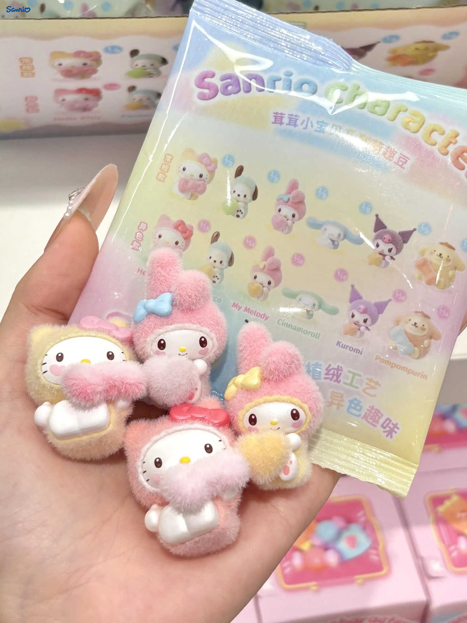 Sanrio Fluffy Baby Blind Box Hellokitty Flocking Mini Doll Figure Ornament Mymelody Pochacco Trend Toy Child Birthday Gift H251217