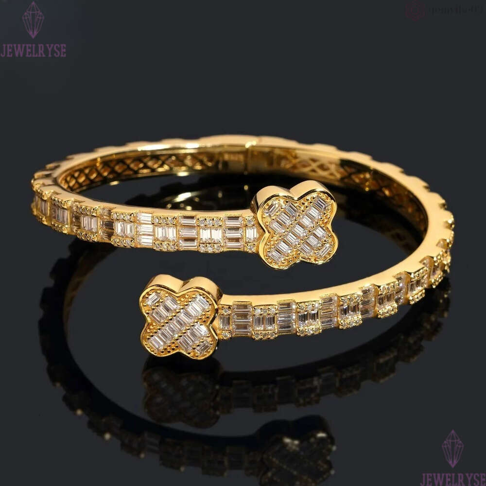 Men's Hip Hop Iced Out Bracelet - Sterling Silver Good Luck Clover Bangle with Moissanite