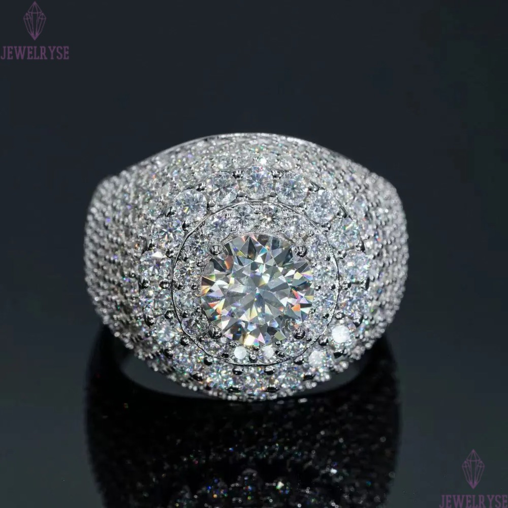 Hip Hop VVS D Color Moissanite Bling Mens Cluster Double Halo Signet Ring With 925 Sterling Silver Pass Diamond Tester GRA A