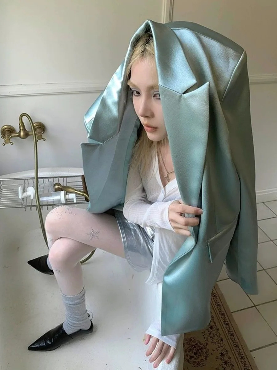 Pearl Green Faux Silk Blazers Jacket Acetic Acid Satin Coat Jacket Womens Spring Autumn Casual Premium Long Sleeve Suit 251212