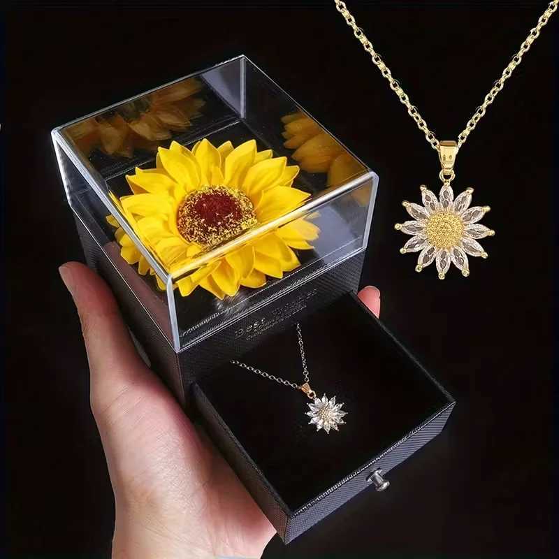 Dainty Stainless Steel Necklace Plated Zircon Daisy Sunflower Pendant Necklace with Sunflower Gift Box For Women Girls Jewelry G251217