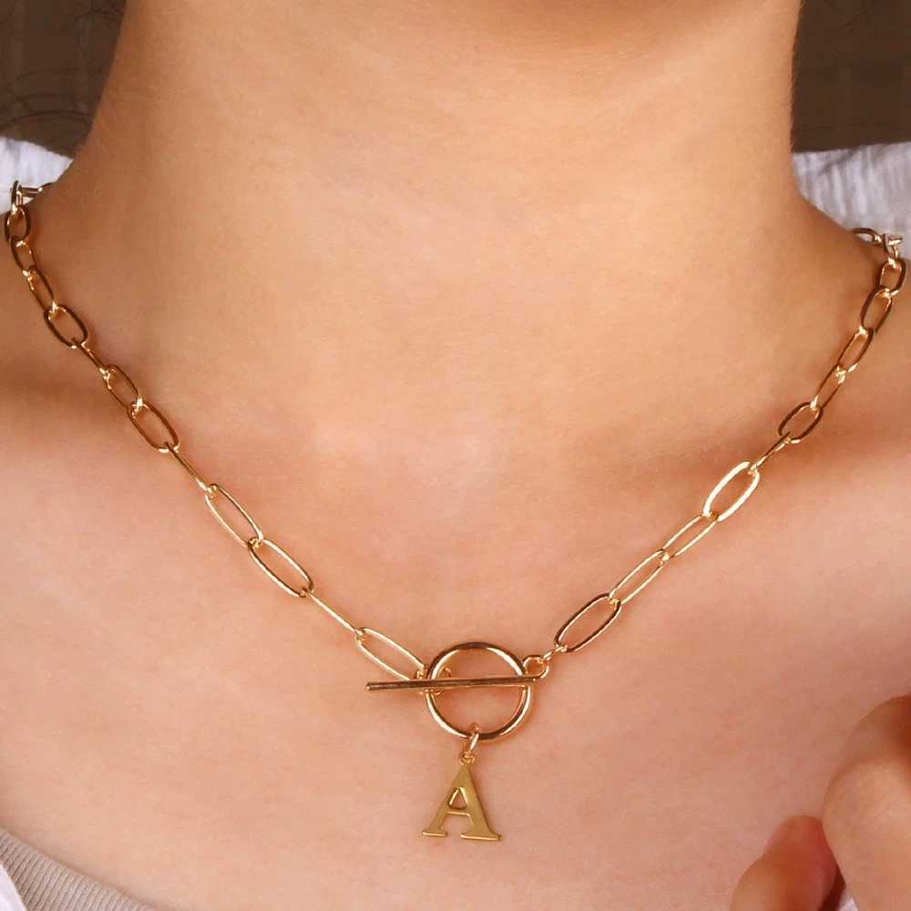 English Letter Initial Necklace 18K Gold Plated Stainless Steel OT Clasp Paper Clip Chain Necklace for Women G251217