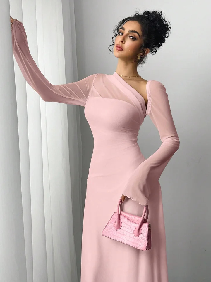 springsummer womens pink tulle explosion slim irregular diagonal shoulder ultra long dress 251219