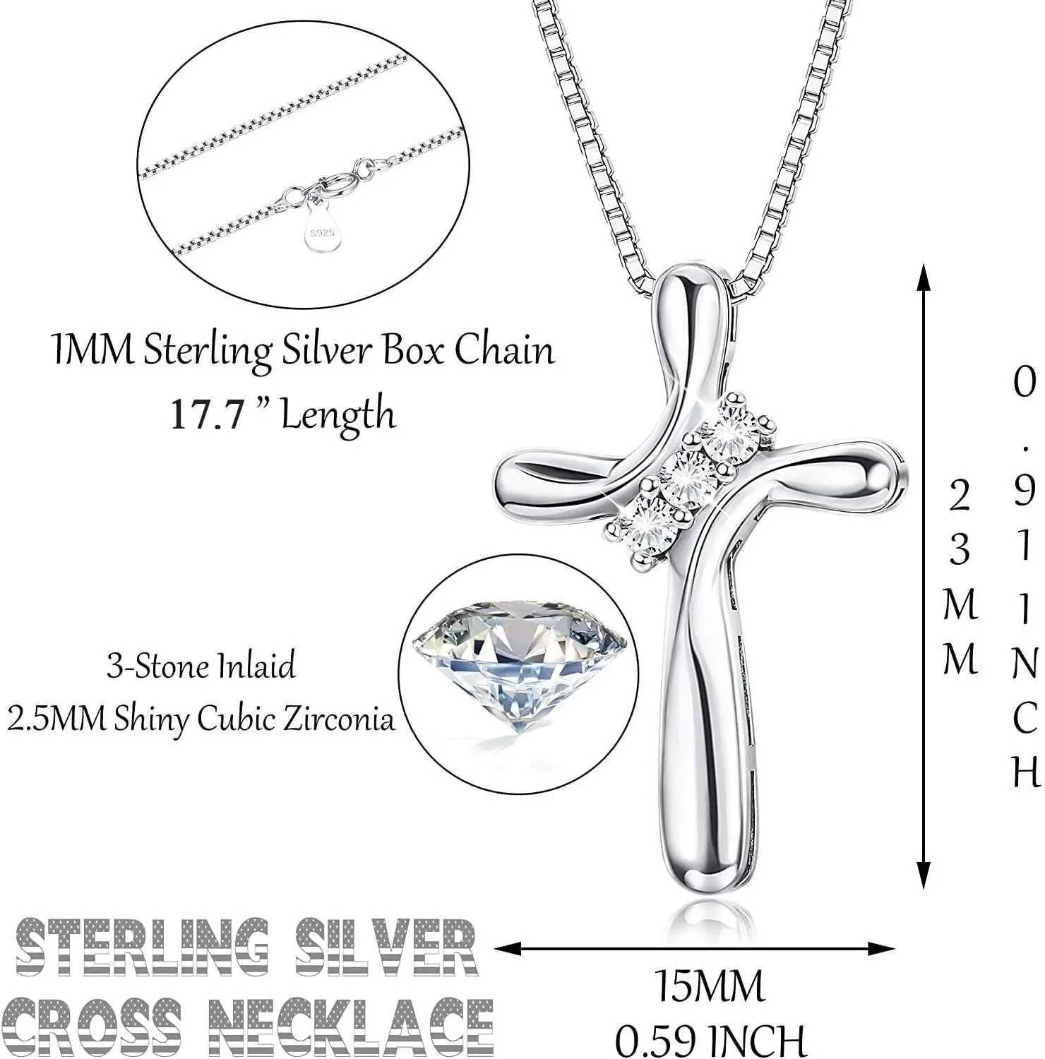 925 Sterling Silver Cross Necklace for Women 3 Stone Cubic Zirconia Silver Cross Pendant Necklaces with 1 MM Box Chain18 Inches G251217