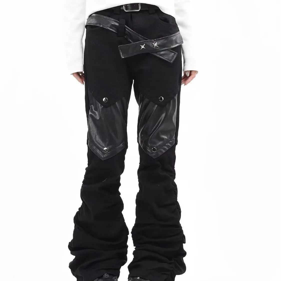 European and American Streetwear Pleated Pile Patchwork Mens and Womens Cyberpunk Rock PU Straight Leg Micro Flare Jeans M260319