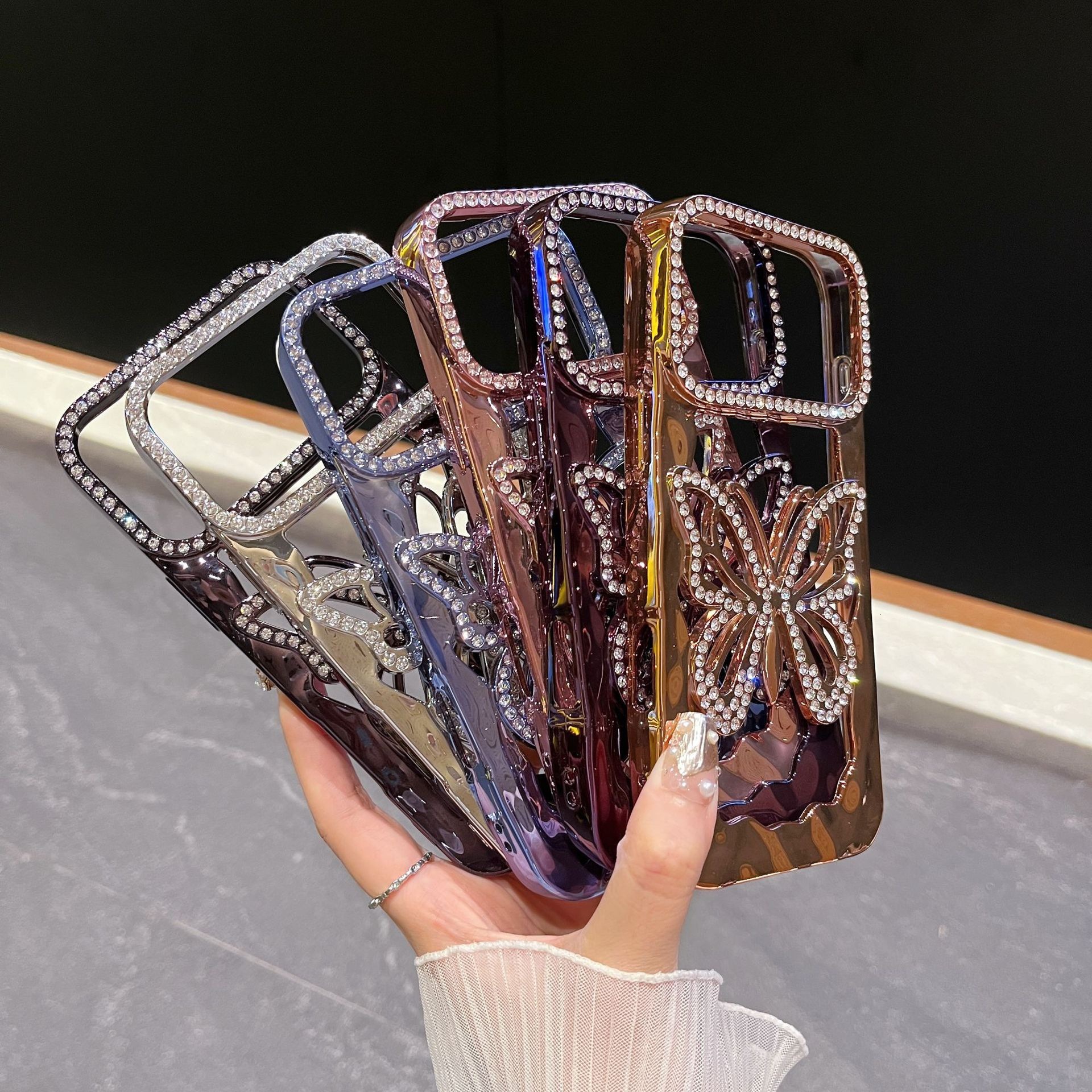 New Electroplated Hollow Butterfly Case iPhone 17 Pro Max, Apple 16, 15 Glitter Rhinestone 14 for Women