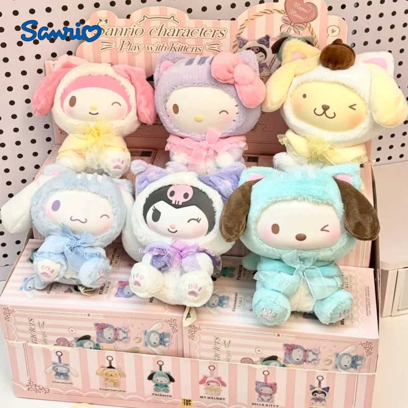 Sanrio Genuine Characters Play With Kittens Series Vinyl Plush Blind Box Kuromi Melody Cute Pendant Anime Doll Mystery Box Gifts H251217