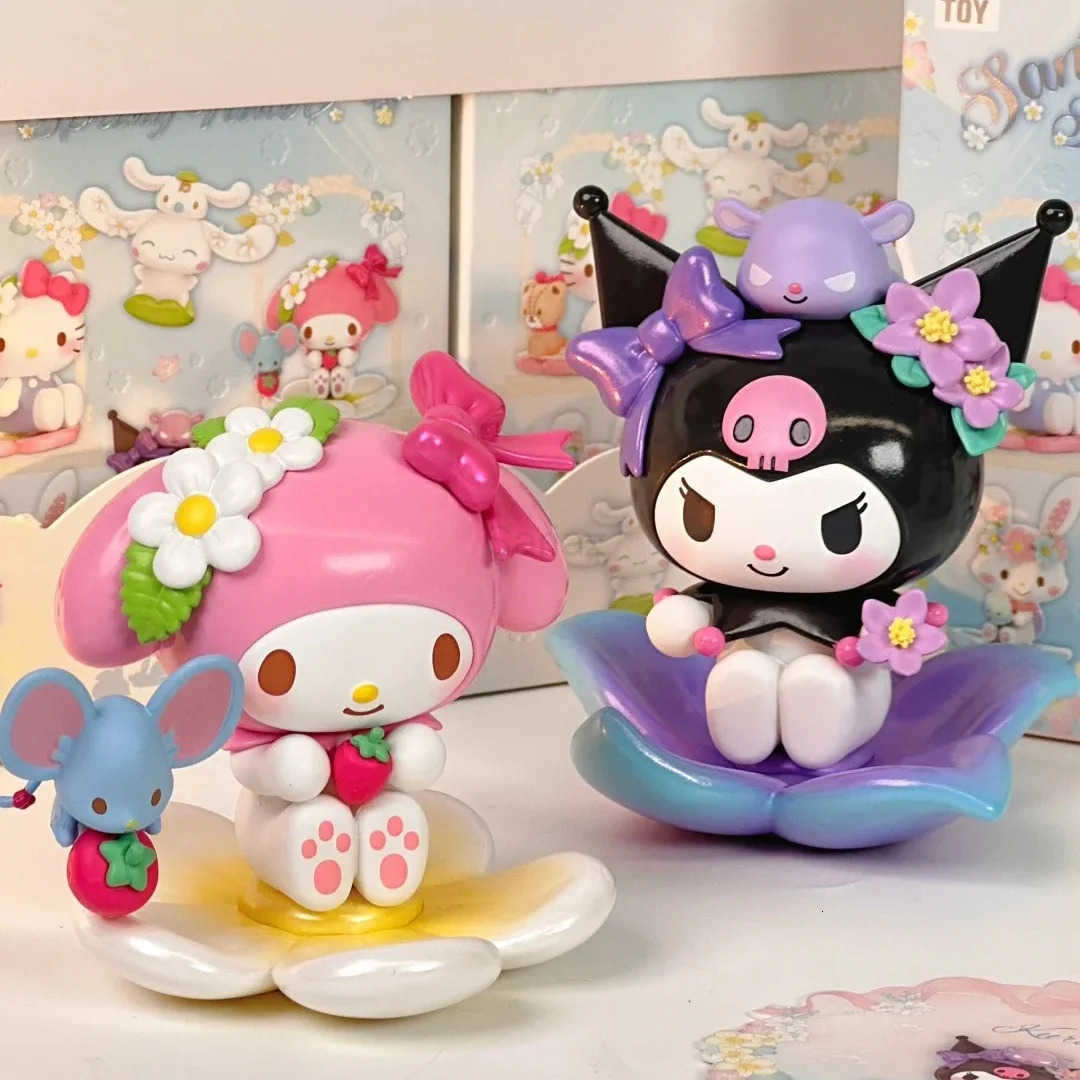 Sanrio Genuine Character New Spring Flower Series Blind Box Hellokitty Kuromi Kawaii Toy Desktop Ornaments Girl Birthday Gift H251217