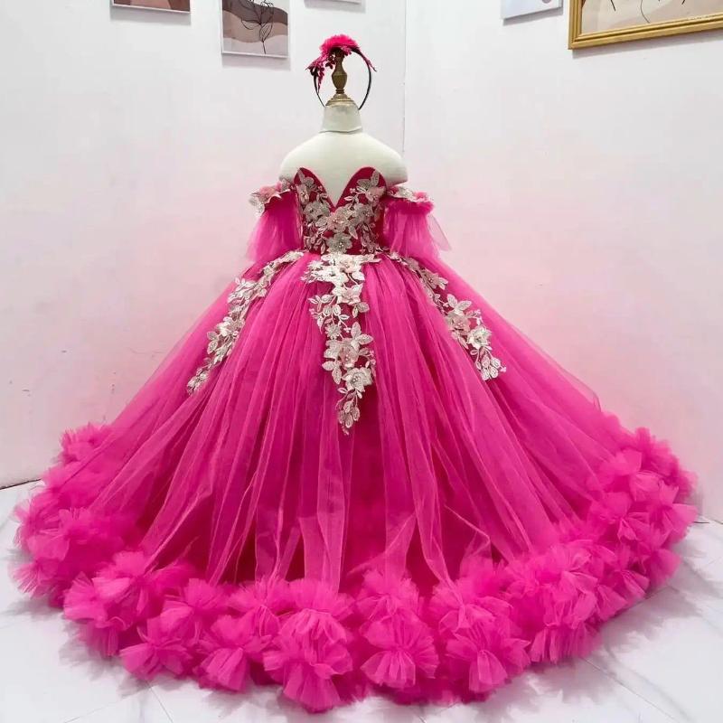 Girl Dresses Pink Ruffles Girl's Birthday Party Customized Off The Shoulder Flower Dress Princess Baby Kids Pageant Gowns