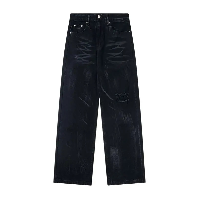 European and American Streetwear High Street Washed Gradient Hole Loose Straightleg Jeans Fashionable Mens Trousers 251205