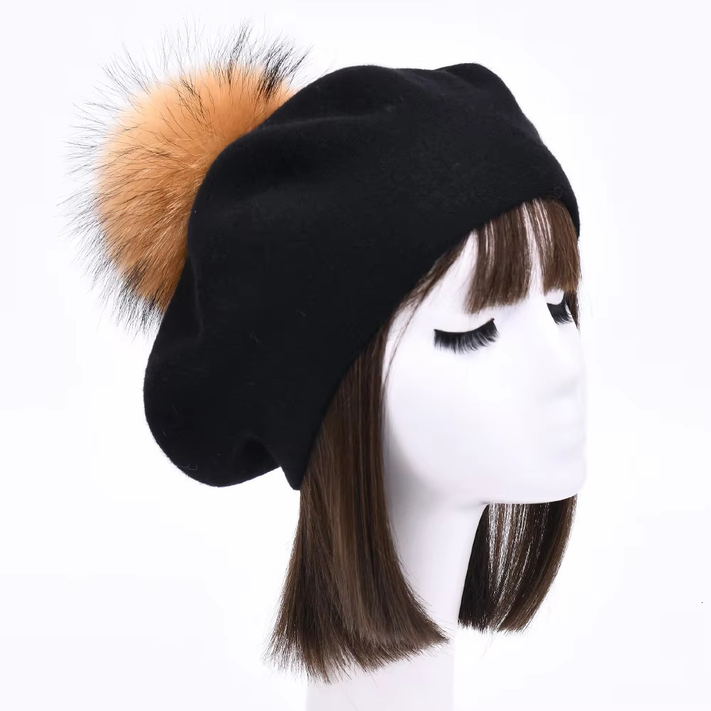 New Solid Color Pom Beret Wool Blend Fashion Comfortable Pullover Hat Double Layer Warm Simple Knitted Hat