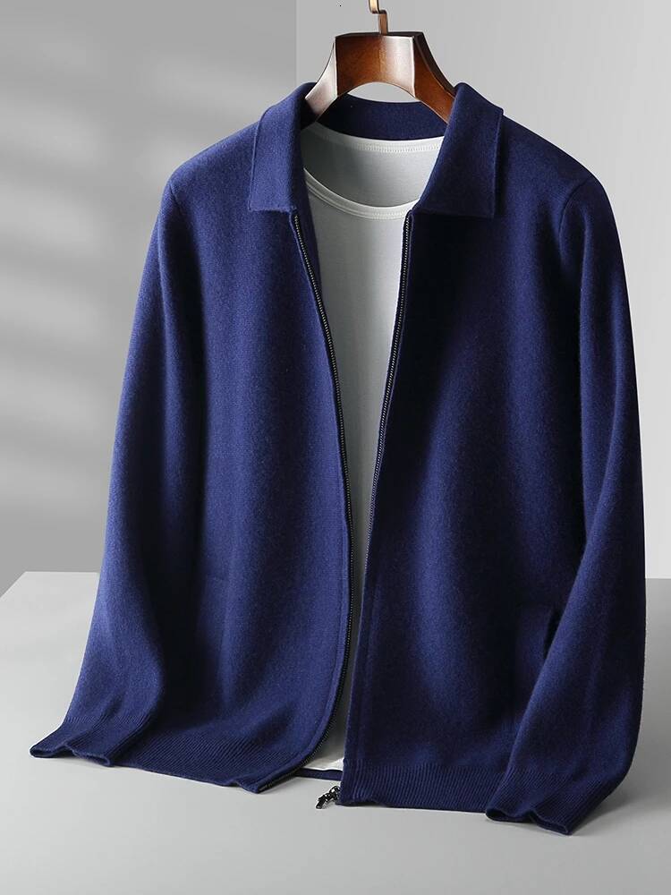MEETCC Simple Men Polo Collar Zipper Cardigan 100% Merino Wool Smart Casual Sweater Coat Autumn Winter Thick Cashmere Knitwear
