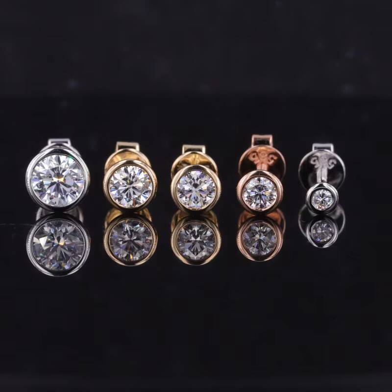 Starsgem 14K Gold Jewellery Earbob Bezel Setting Push Back Man Made Created Lab Grown Diamond Earrings