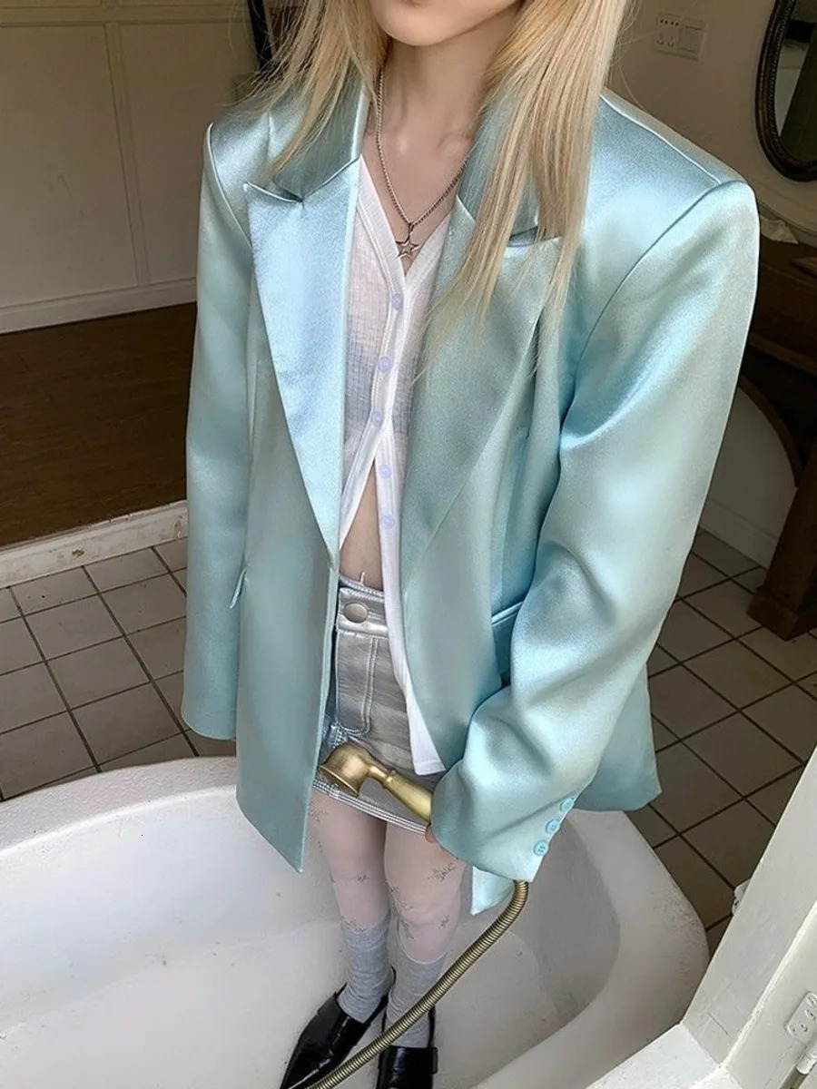 Pearl Green Faux Silk Blazers Jacket Acetic Acid Satin Coat Jacket Womens Spring Autumn Casual Premium Long Sleeve Suit 251212