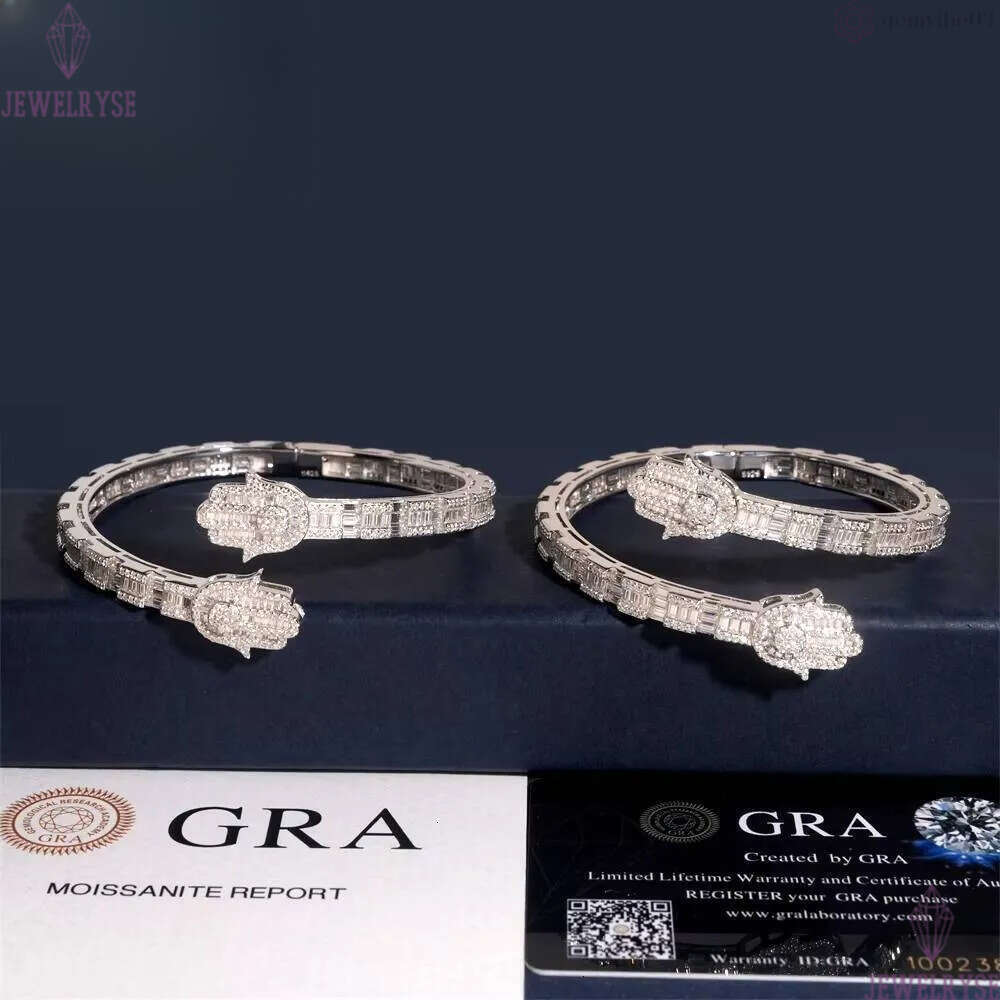 New Design Hamsa Hand Bangle Fine Hip Hop Jewelry Silver Plated Baguette Custom Iced Out 925 Silver VVS Moissanite Bracelet