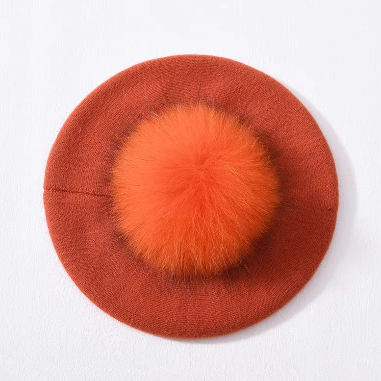 New Solid Color Pom Beret Wool Blend Fashion Comfortable Pullover Hat Double Layer Warm Simple Knitted Hat