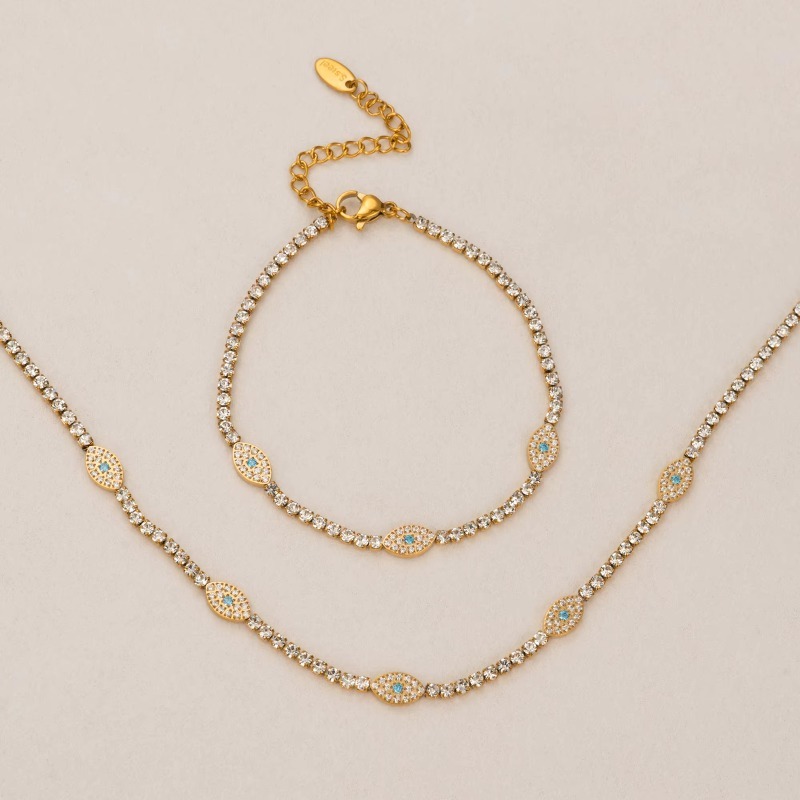Jewellery High Quality 18K Gold Plated Lucky Eye Tennis Necklace Bracelet Collection Stainless Steel Unisex Jewelry Gift for All Occasions Textured Ed