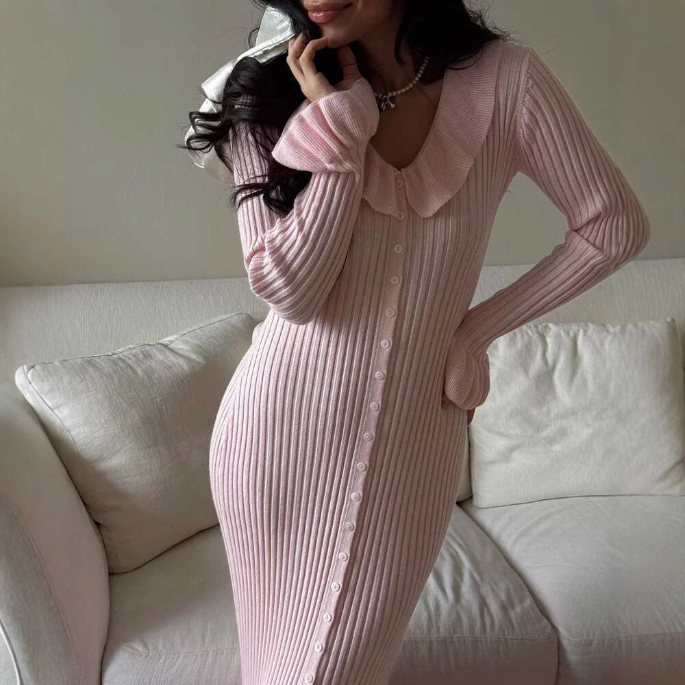 New French Pink Elegant For Women Sweet Style Ruffled Sleeve Slim Fit Single-Breasted Long Dress B5