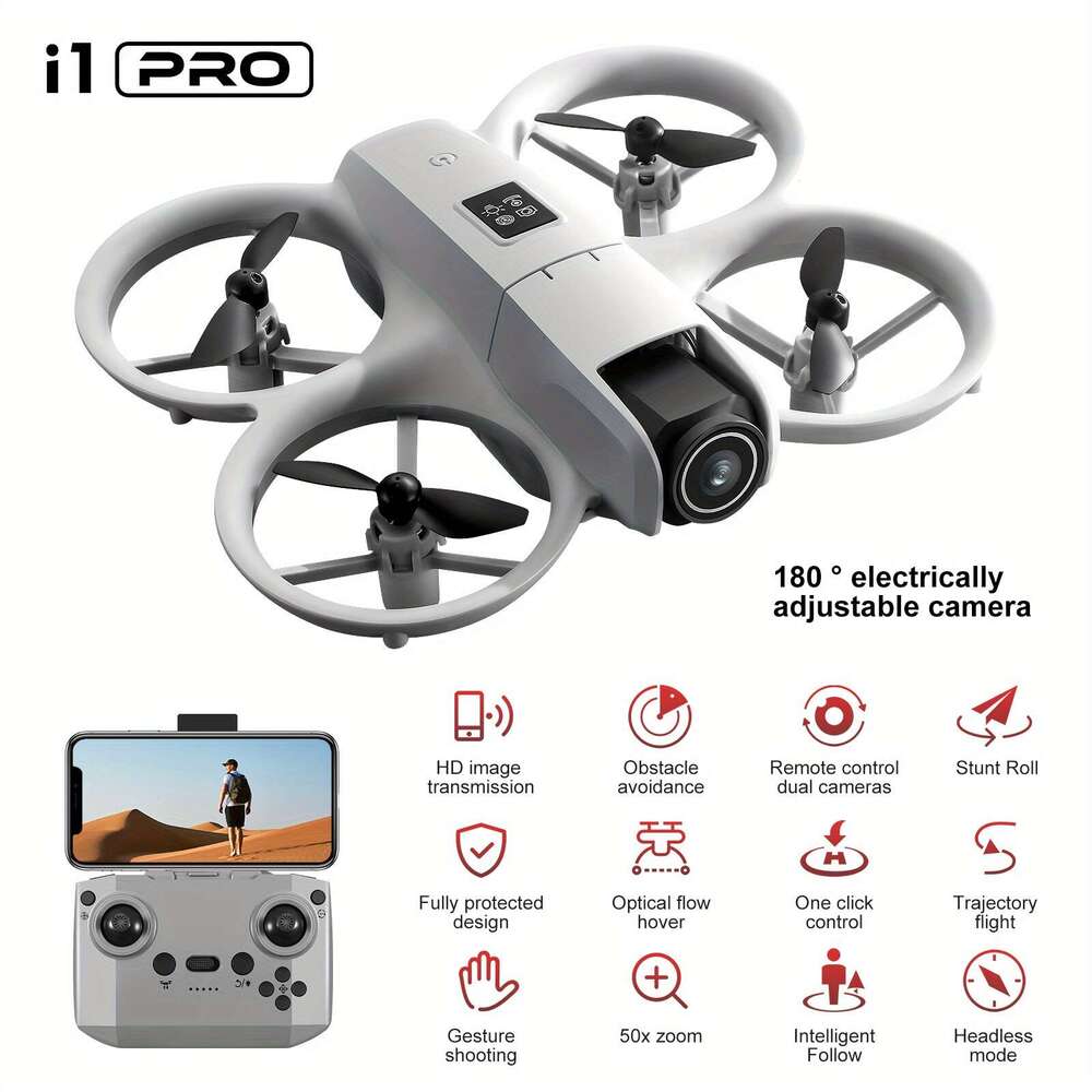 The I1 PRO 4K Drone Features Dual Cameras, 180° Camera Rotation, Two Batteries, Obstacle Detection, Optical Flow Positioning, 360° Rolling Capability,