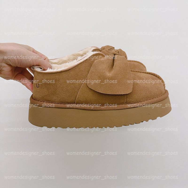 Designer Women Platform Slip On Bow Slippers Tazz Slipper With Big Bowtie Classic Ultra Mini Boots Genuine Leather Snow Booties Tasman Chestnut Sand
