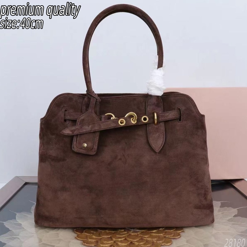 (Order by pic in opt, not by desc) Women's Brown Suede Tote Bag - Large 40cm Top-Handle Handbag with Gold Hardware