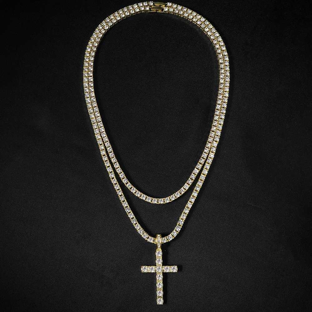 Hip Hop Iced Out Cross Pendant Necklace Strap 4mm Zircon Tennis Chain Men Women Sparkling Necklace Punk Jewelry Fashion Gift G251217