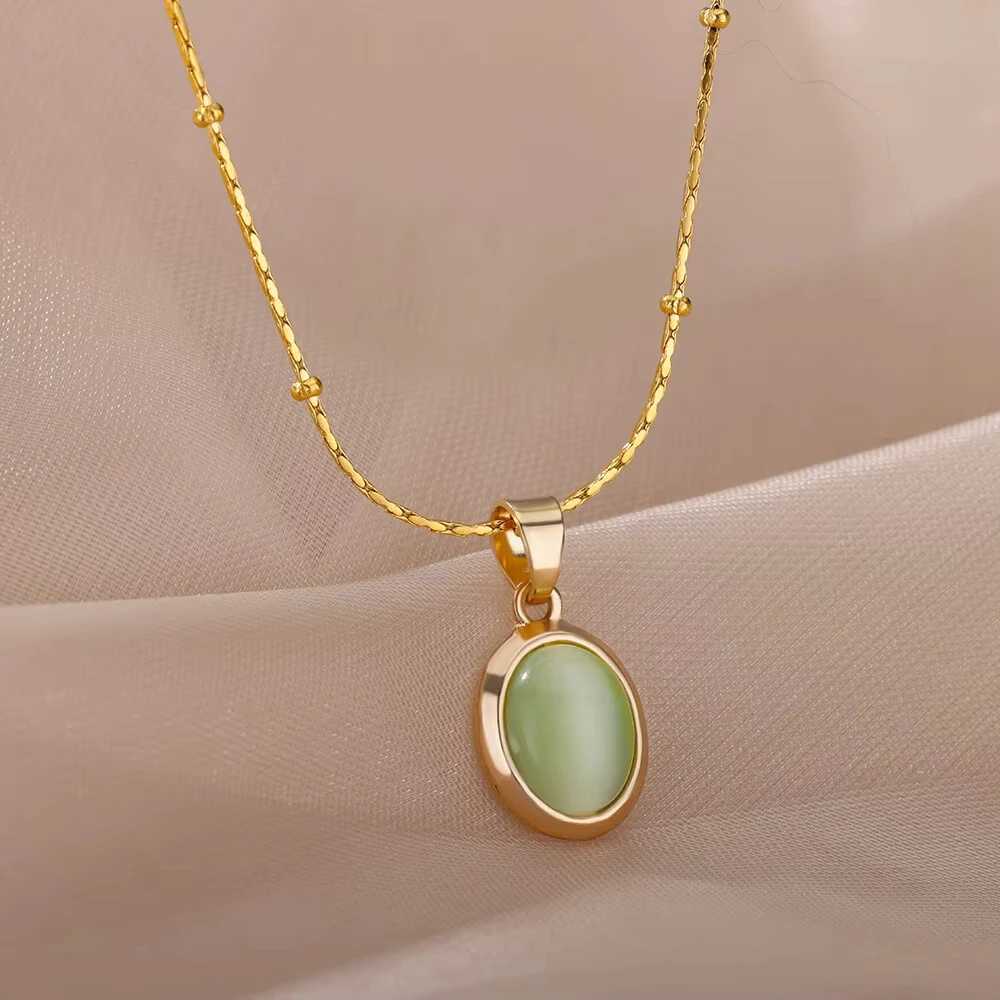 Trendy Oval Colorful Stone Necklace For Women Stainless Steel Gold Color Green Opal Stone Pendant Necklace Aesthetic Jewelry Gif G251217