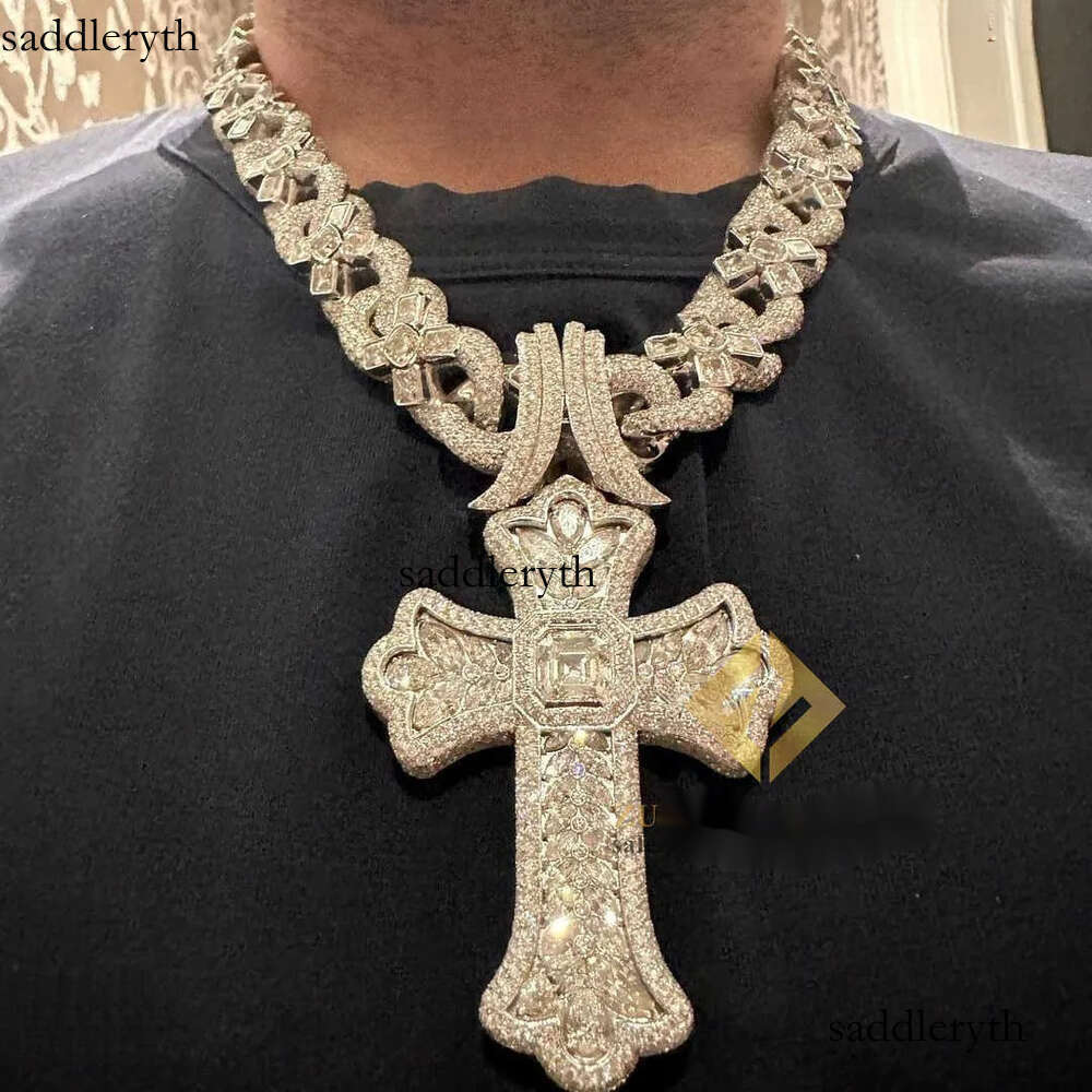 Designer Jewelry S Sier Mosonite Necklace Cross Pendant Cuban Link Chain with Seconds Over Tester Iced Out Vvs Moissanite Dia