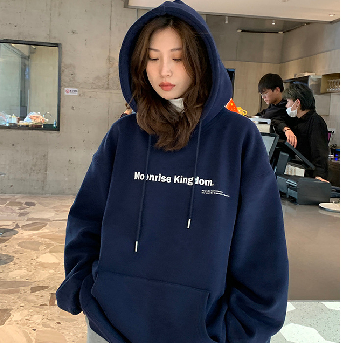 New Arrival Women's Letter Print Fleece-lined Navy Blue Hoodie - Loose Pullover Top Coat for Female Students, Trendy Style for Autumn & Winter